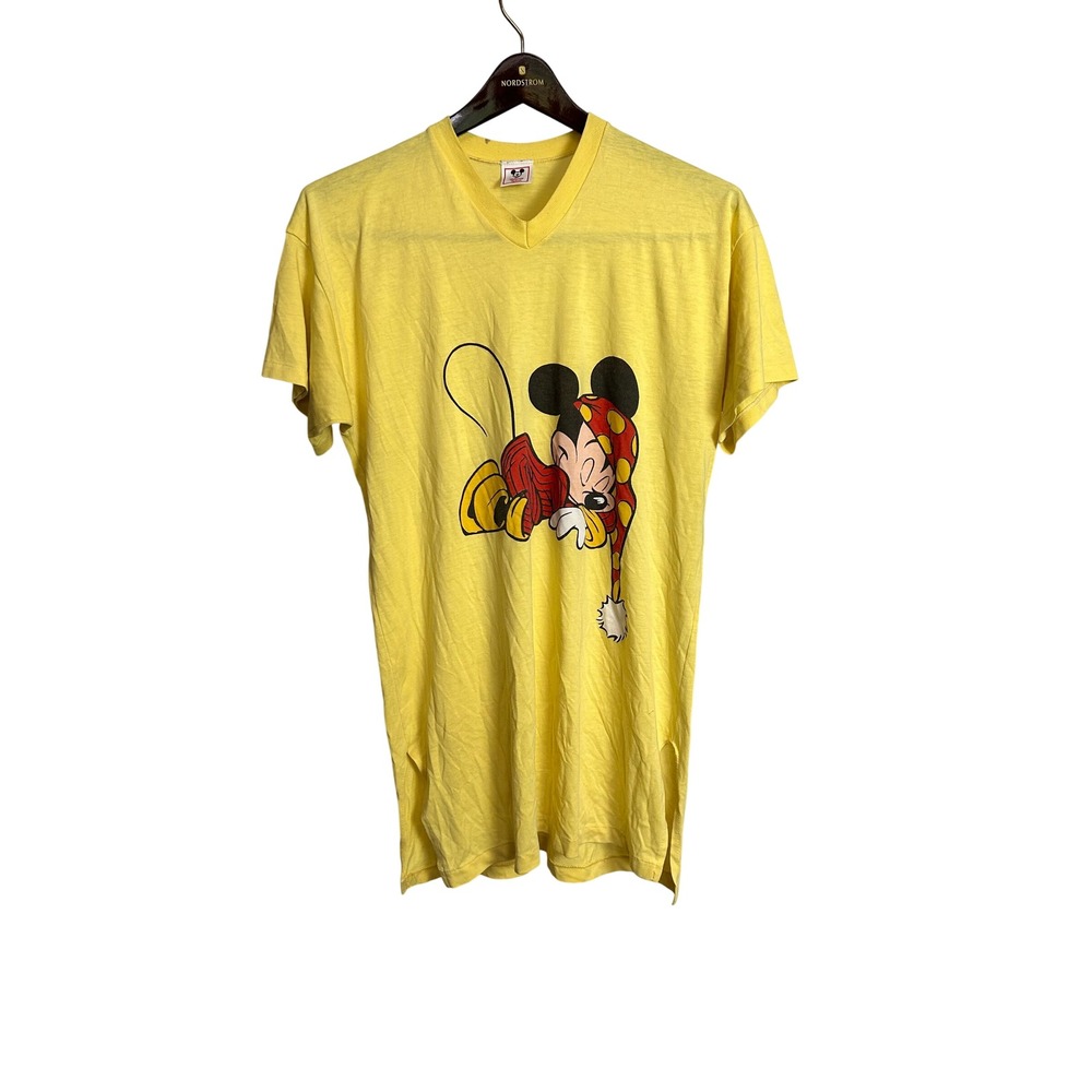 Vintage Disney Wear Mickey Mouse Sleeping Yellow V-Neck T-Shirt Single Stitch L‎